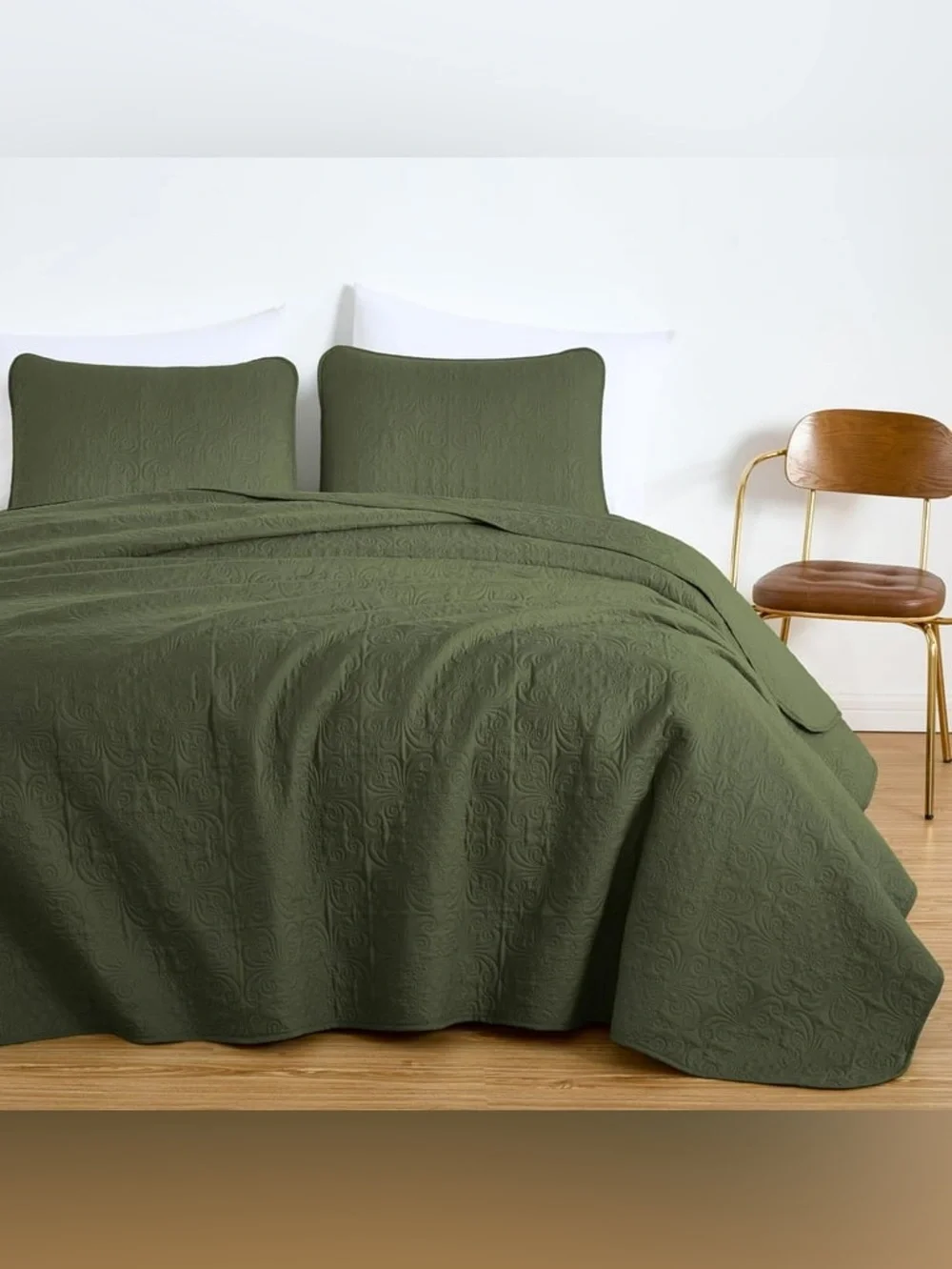 Olive Green Queen 3 piece Quilted Bedspread Set